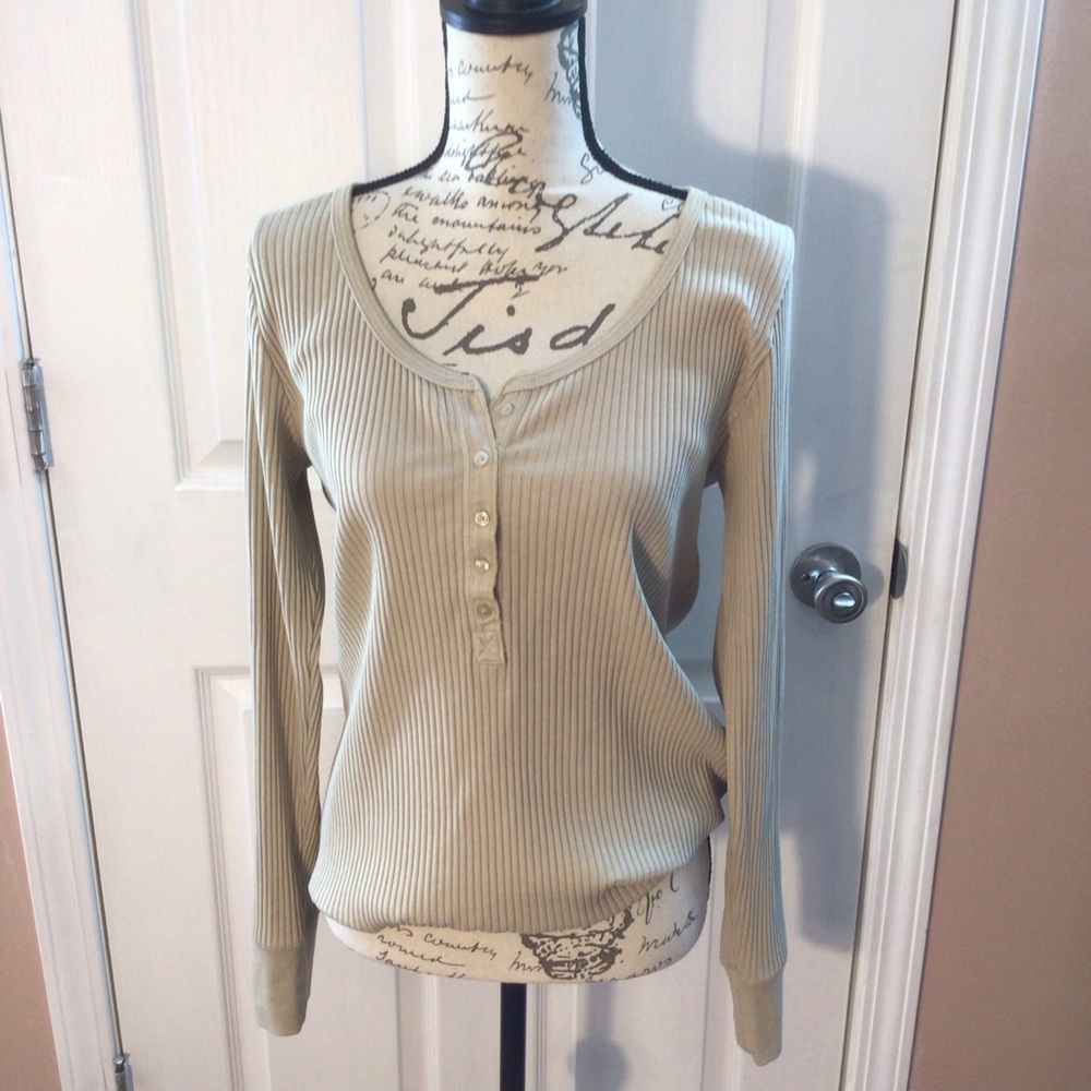 Women's Aerie Beige Ribbed Long Sleeve Button Up Top Size XL